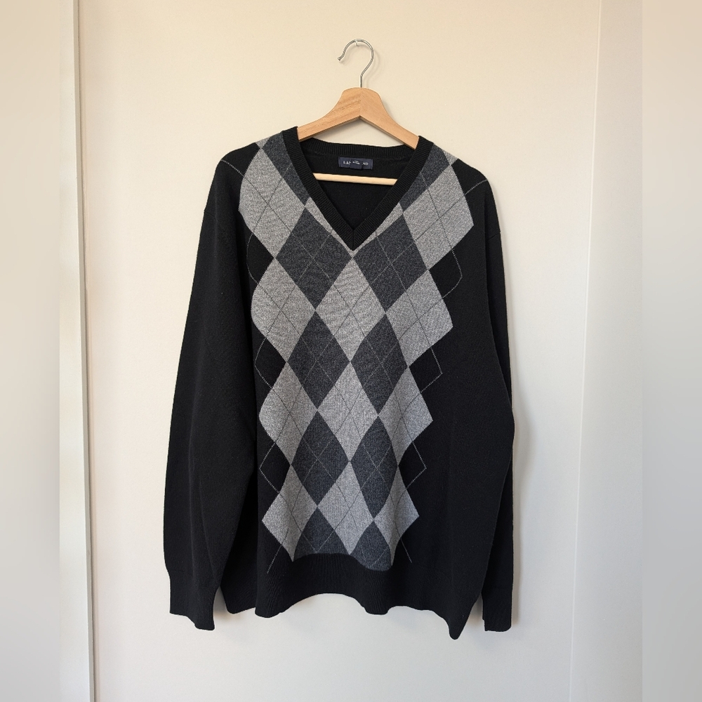 Lands End Black Gray Argyle The Neck Cashmere Sweater Preppy Old Money‎ Mens XXL